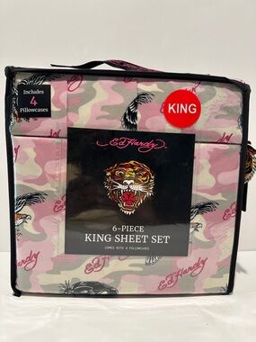 NWT Ed Hardy Eagle in Flight Pink & Gray 6Piece King Sheet Set W/4 Pillowcases.